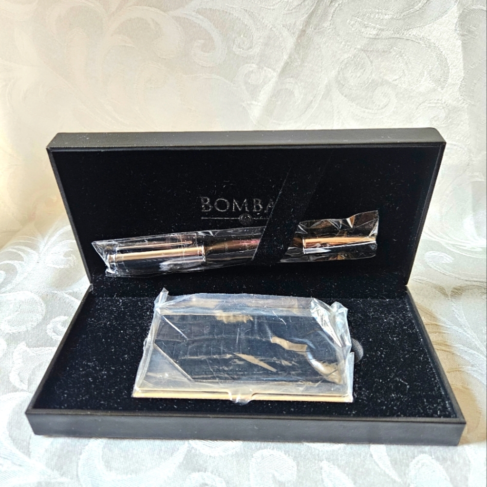 Bombay Black Leather Pen and Business Card Holder Set